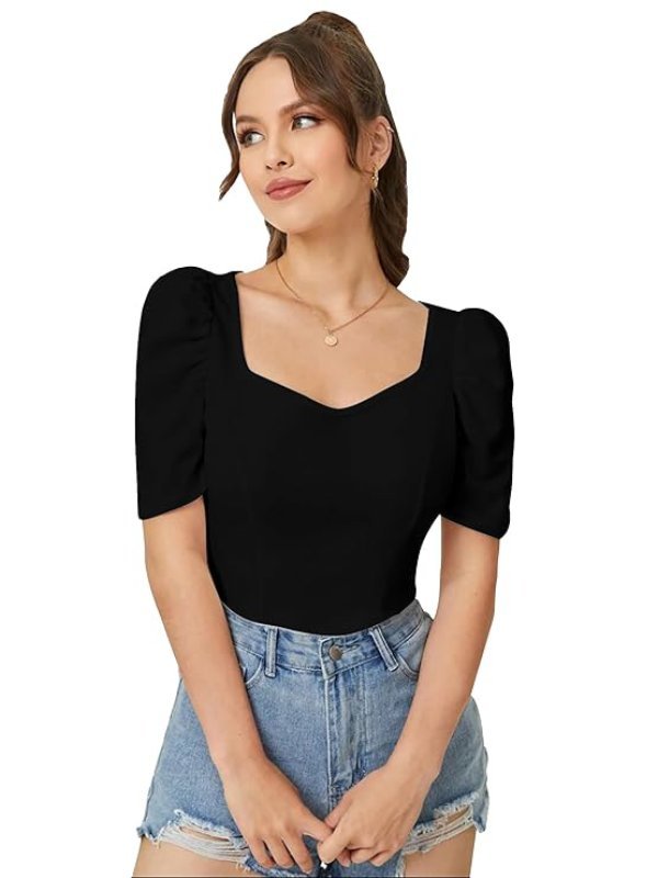 Women's Sweet Heart Neck Balloon Sleeve Elegant Casual Tee Top