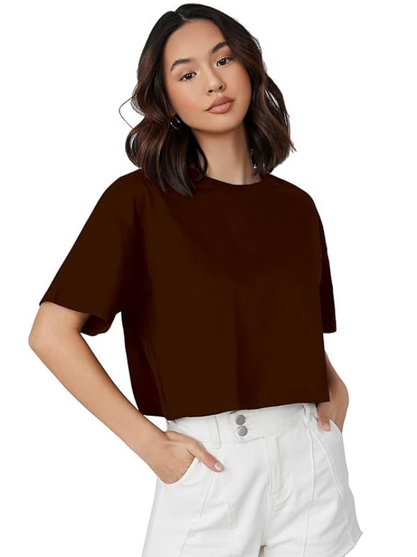 Cotton Maroon Solid Basic Oversized Fit Crop Top