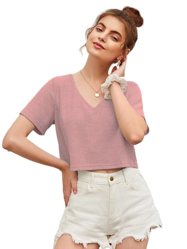 Womens Fashion Crop Tops Summer Winter Baisc V Neck