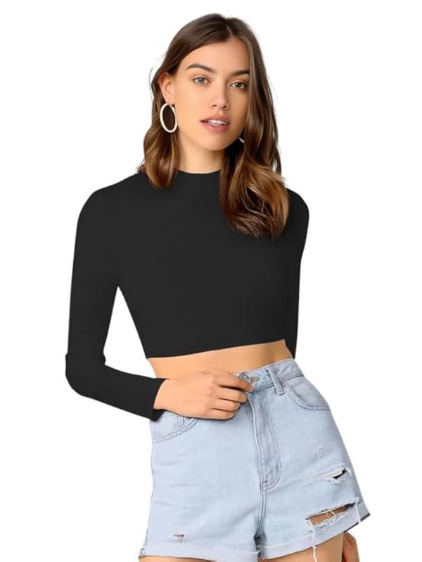 Women's Round High Neck Full Sleeves Stylish Crop Top