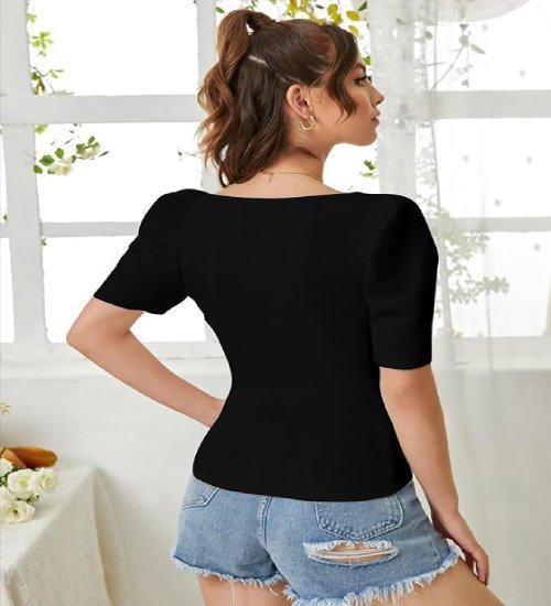 Women's Sweet Heart Neck Balloon Sleeve Elegant Casual Tee Top