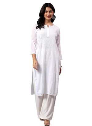 k10 Lucknowi Chikankari Straight Regular Fit White Cotton Women's Long Kurta