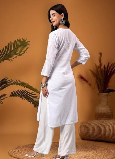 Lucknowi Chikankari Straight Regular Fit White Cotton Women's Long Kurta