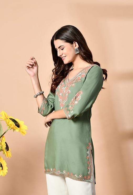 Embroidered Kashmiri Tunic Top, Short Kurti for Women