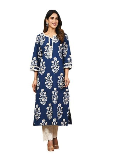 Womens Printed Cotton Straight Kurti for Girls Regular Wear Stylish Long Kurta