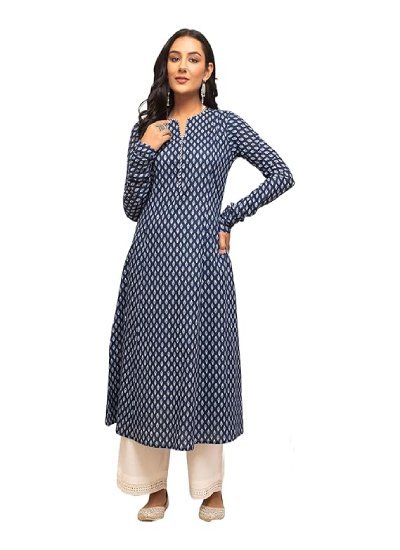 Womens Cotton Regular Fit Floral Printed A-Line Kurta