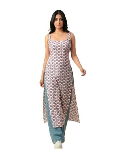 Women’s Pink Floral Printed Long Kurti