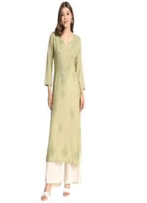 k19 Women's Embroidered Lukhnavi Chikankari Work Straight Ethnic Kurta