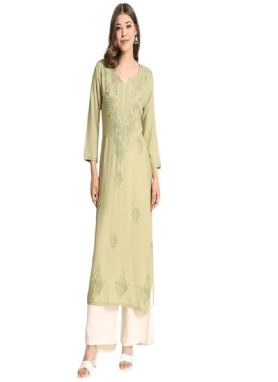 Women's Embroidered Lukhnavi Chikankari Work Straight Ethnic Kurta