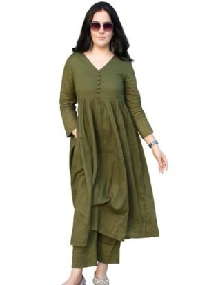 Anarkali Kurta Pant Set for Women Long Flared V-Neck Kurta