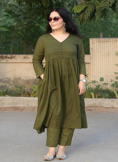 Anarkali Kurta Pant Set for Women Long Flared V-Neck Kurta