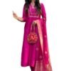 Women's Viscose Silk Heavy Embroidered Straight Kurta with Trouser & Banarasi Jacquard Dupatta Set