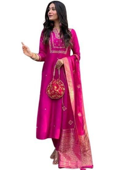Women's Viscose Silk Heavy Embroidered Straight Kurta with Trouser & Banarasi Jacquard Dupatta Set
