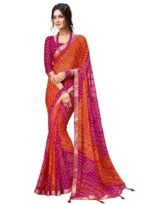 s1 Women's Bandhani Printed Chiffon Saree with Blouse