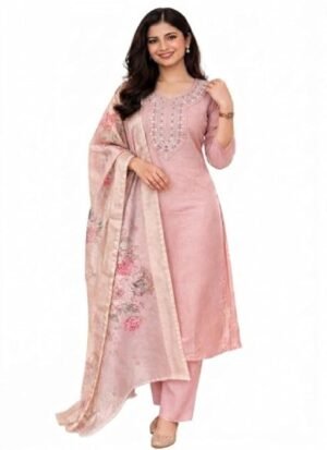 s10 Pink Slub Kurti Pant Set with Dupatta for Women