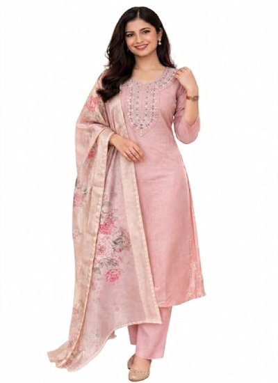 Pink Slub Kurti Pant Set with Dupatta for Women