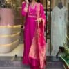 Women's Viscose Silk Heavy Embroidered Straight Kurta with Trouser & Banarasi Jacquard Dupatta Set