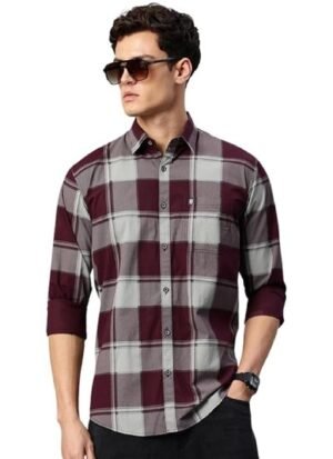Man Stylish Slim Fit Cotton Spread Collar Checked Casual Shirt