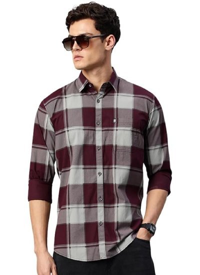 Man Stylish Slim Fit Cotton Spread Collar Checked Casual Shirt