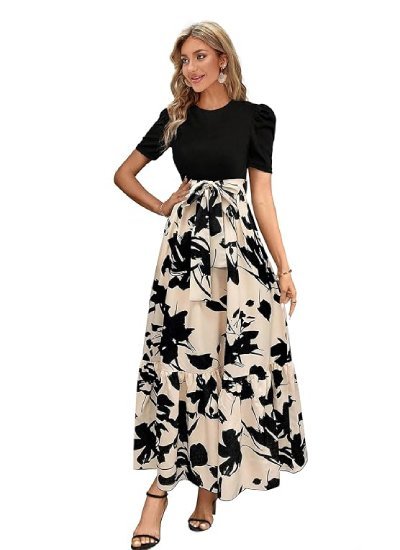 Women's A-LINE Full Long Puff Sleeve Maxi Gown Dress