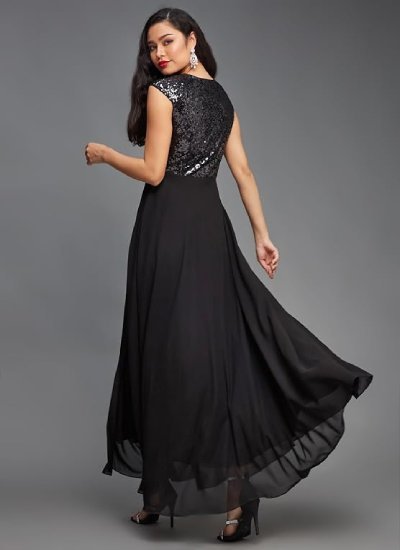 s155 Women's Round Neck Sleeve Embellished Fit Flare Gown