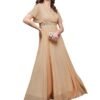 Women's Halter-Neck Cap-Sleeve Pleated Embellished Georgette Gown