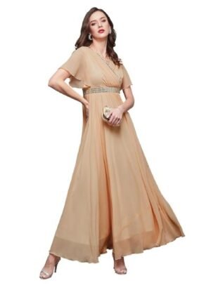 Women's Halter-Neck Cap-Sleeve Pleated Embellished Georgette Gown