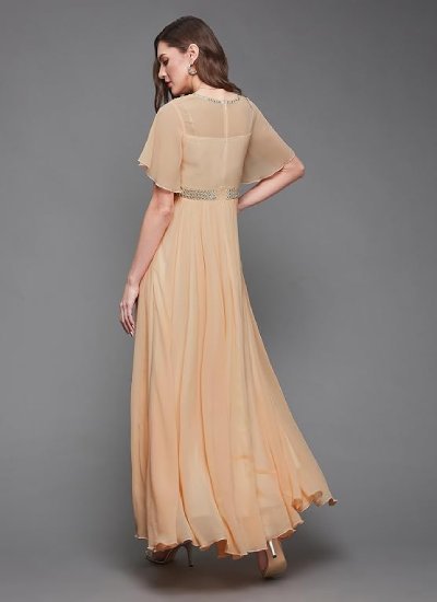 Women's Halter-Neck Cap-Sleeve Pleated Embellished Georgette Gown