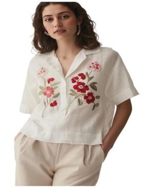 s2 Women Cream Cotton Embroidered Tops