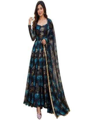 s2 Women’s Floral Printed Anarkali Gown with Dupatta