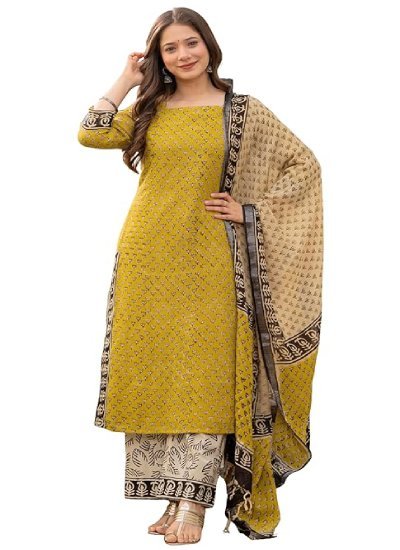 Women's Pure Cotton Straight Kurta Set with Palazzo Pants & Dupatta