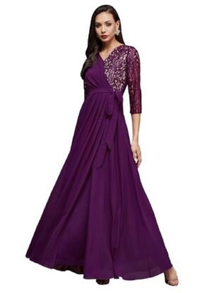 s3 Women's V-Neck Full Sleeve Self Design Lace-Overlaid Georgette Maxi Dress