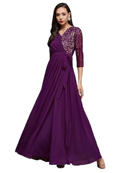 Women's V-Neck Full Sleeve Self Design Lace-Overlaid Georgette Maxi Dress