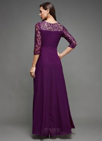 Women's V-Neck Full Sleeve Self Design Lace-Overlaid Georgette Maxi Dress