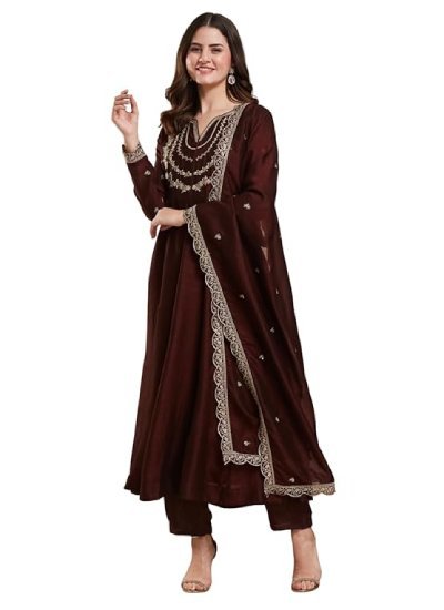 s4 Women’s Silk Embroidery Anarkali Kurta Pant with Dupatta