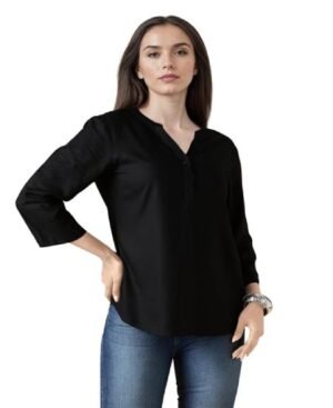 s4 Women's Casual Roll -Up Sleeves Rayon V-Neck Top