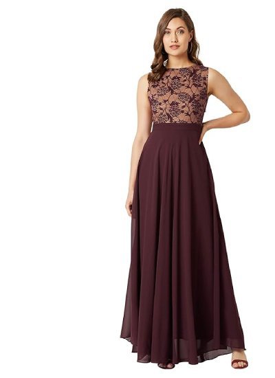 s4 Women's Brick Red & Dusty Green Boat Neck Sleeveless Gown