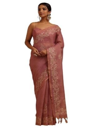 s4 Womens Linen Floral Printed Zari Embroidered Saree