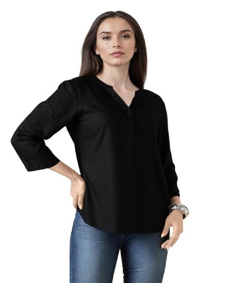 s4 Women's Casual Roll -Up Sleeves Rayon V-Neck Top