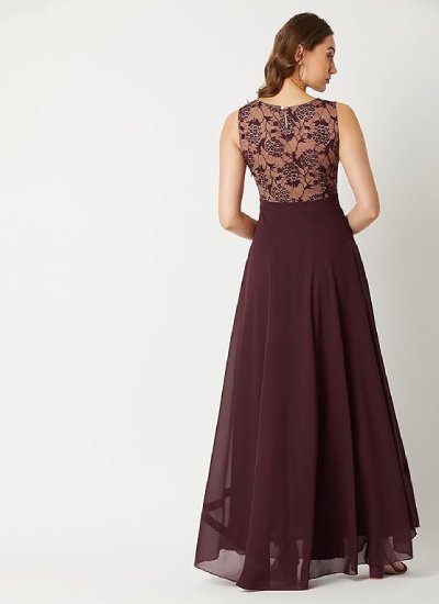 s44 Women's Brick Red & Dusty Green Boat Neck Sleeveless Gown