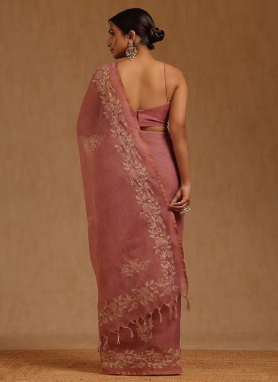 s44 Womens Linen Floral Printed Zari Embroidered Saree