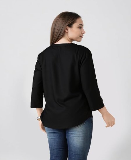 s44 Women's Casual Roll -Up Sleeves Rayon V-Neck Top