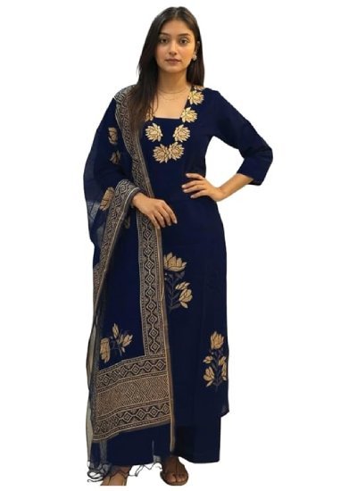 s5 Women's Straight fit Printed Embroidered Kurta with Pant & Dupatta