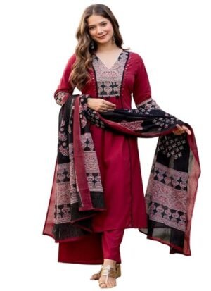 s6 Women's Pure Cotton A-Line Kurta Set with Palazzo Pants & Dupatta