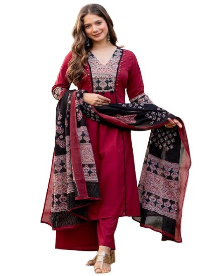 Women's Pure Cotton A-Line Kurta Set with Palazzo Pants & Dupatta