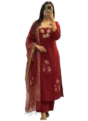 s7 Women's Viscose Straight fit Printed Embroidered Kurta with Pant & Dupatta