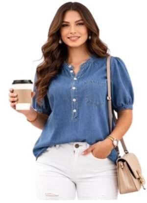 s8 Women's Denim Shirt, Blue, Puff Sleeve, Breeze Top