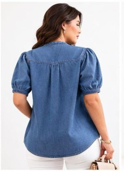 s88 Women's Denim Shirt, Blue, Puff Sleeve, Breeze Top