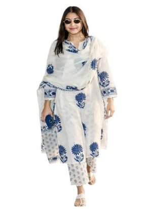 s9 Women's Hand Block Floral Printed Straight Kurta Set with Palazzo Pants & Dupatta