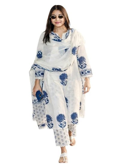 Women's Hand Block Floral Printed Straight Kurta Set with Palazzo Pants & Dupatta